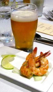 grilled Pacific prawns with chili/lime glaze, Oakshire Watershed IPA