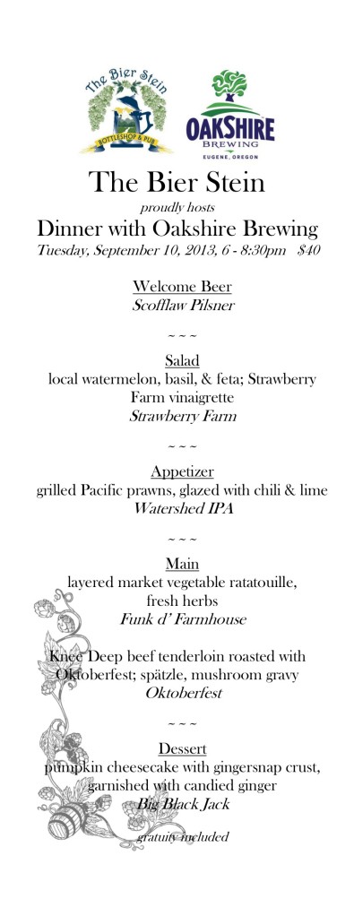 The menu from our dinner with Oakshire Brewing.